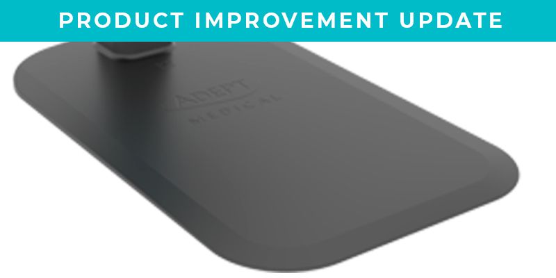 Banner reads 'PRODUCT IMPROVEMENT UPDATE' above a dark gray rectangular ADEPT MEDICAL device.
