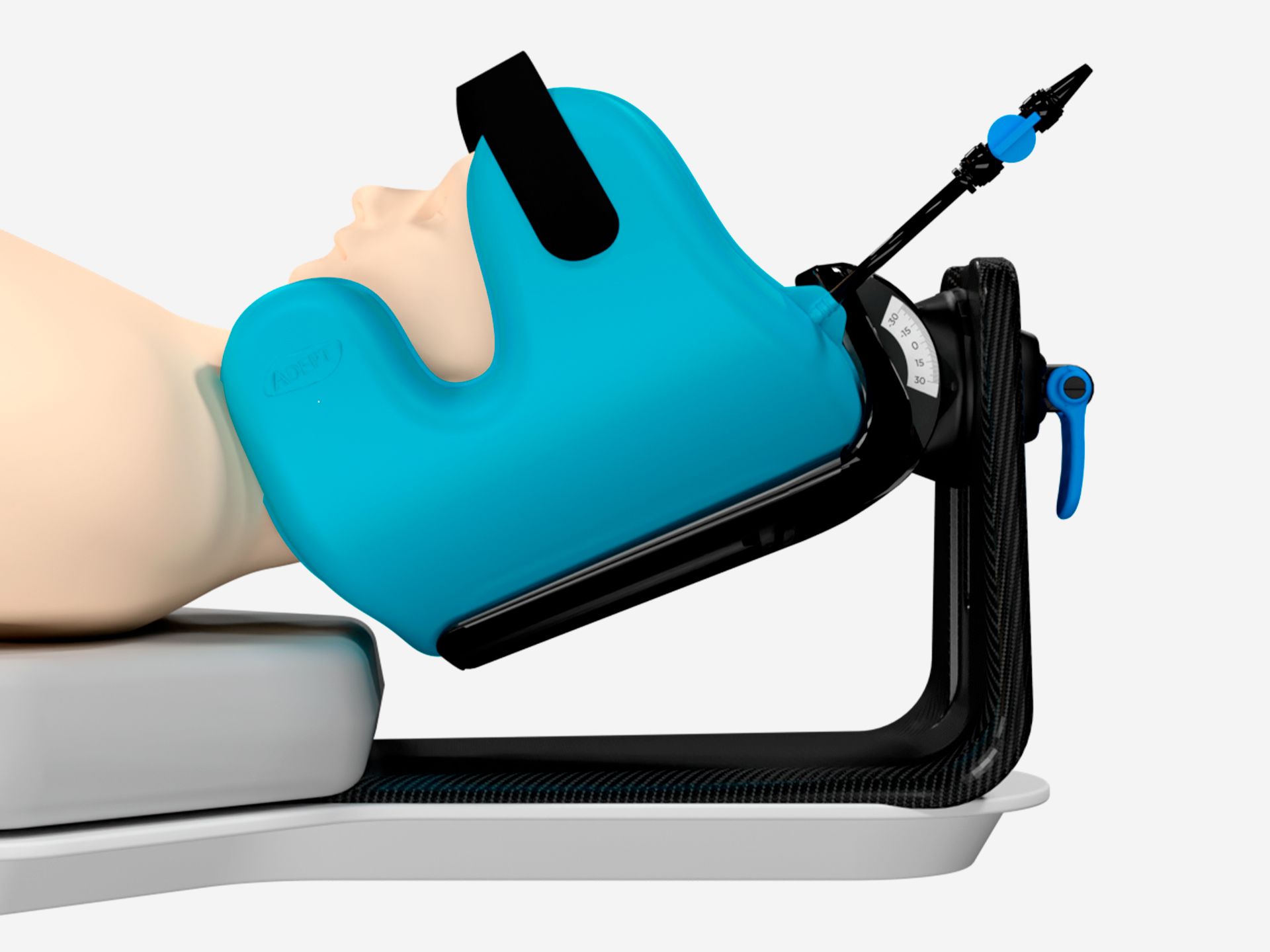 A blue medical head immobilisation device supports a mannequin head, mounted on an adjustable black frame.
