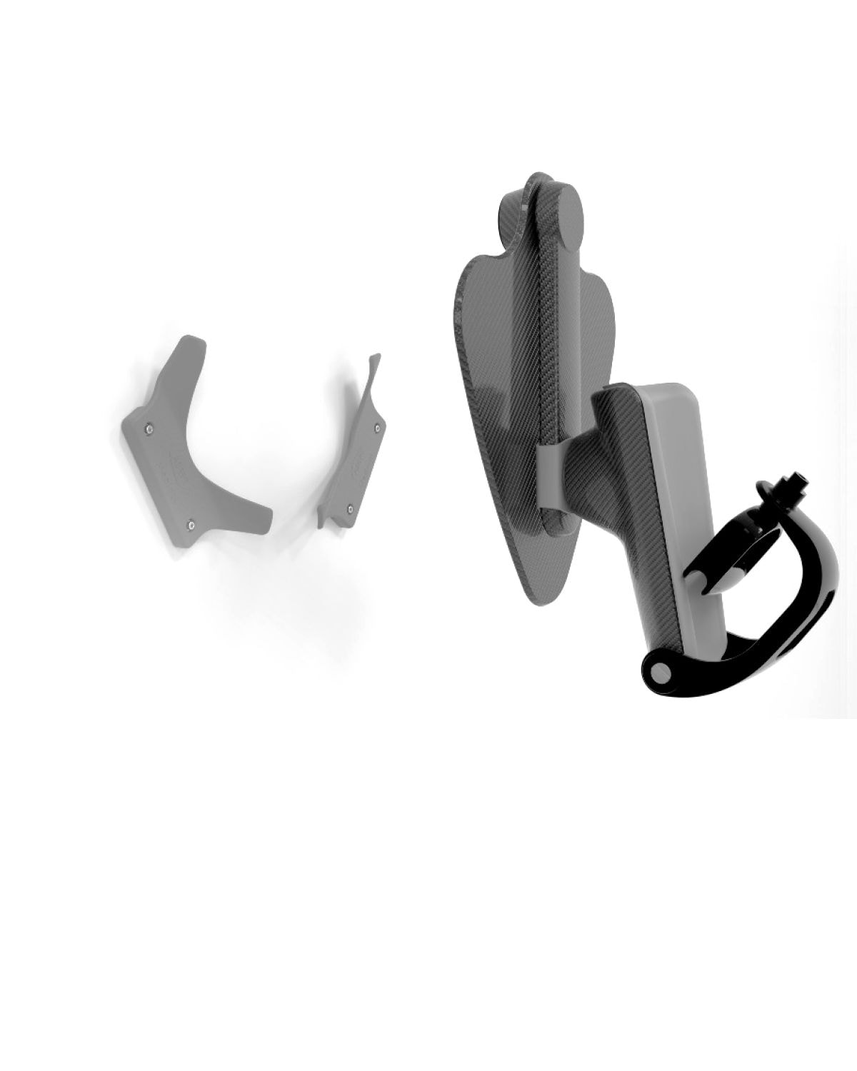 A carbon fiber-patterned mount with a black handle, next to two smaller grey wall brackets.