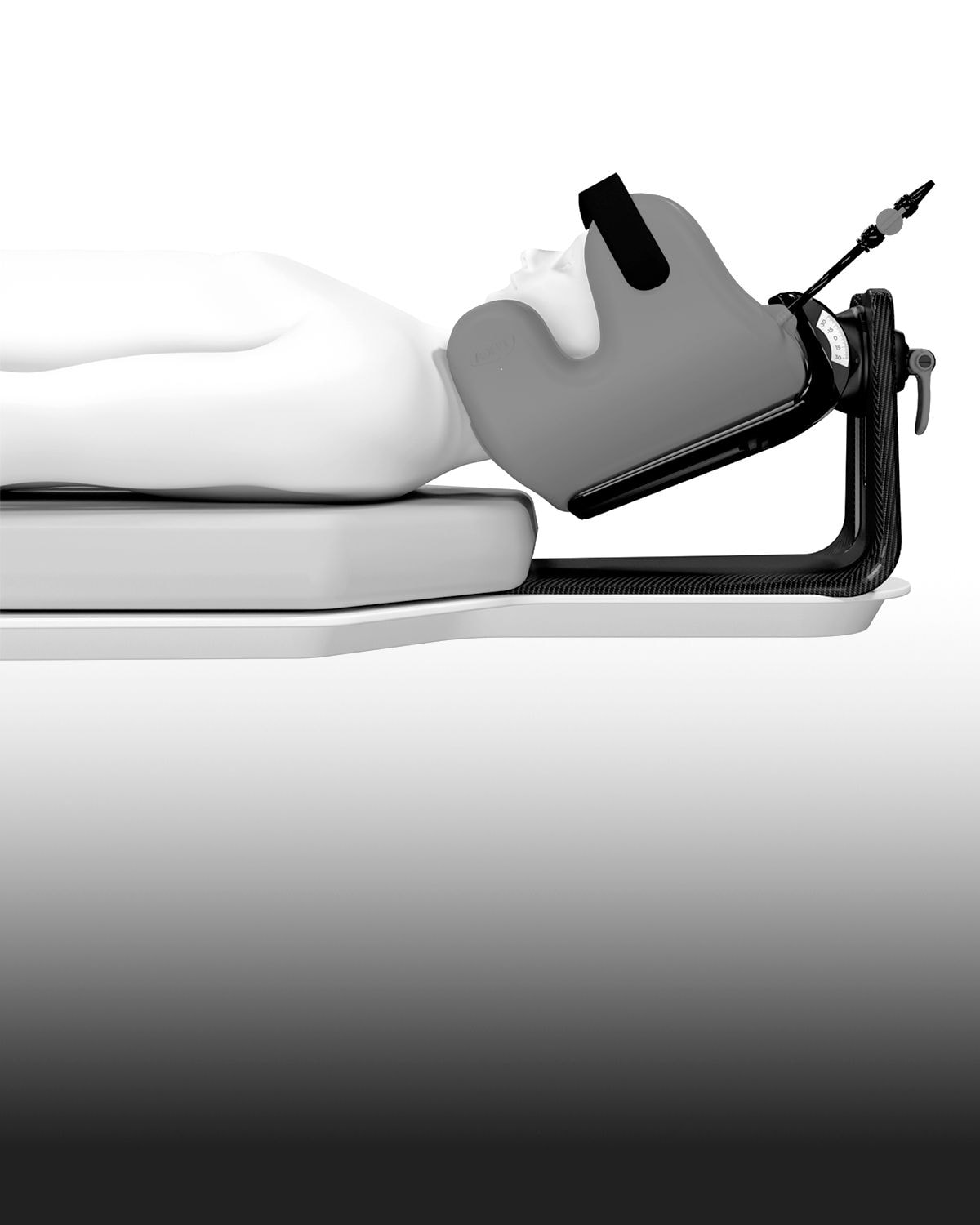 Adjustable blue medical headrest supporting a mannequin's head.