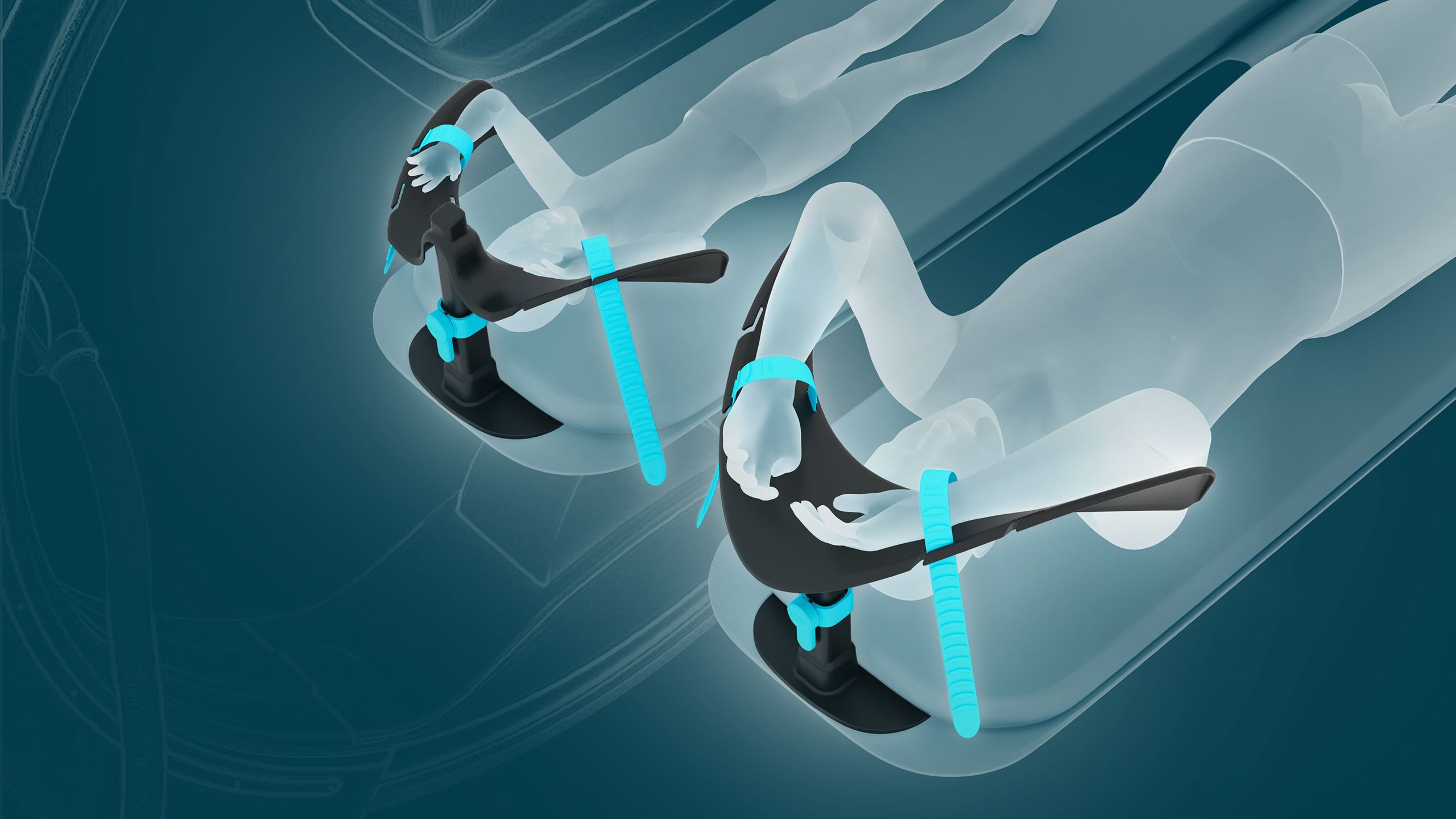 Two translucent figures lie with feet secured in black foot braces with blue straps.