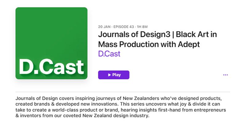 Podcast episode page for "Journals of Design3 | Black Art in Mass Production with Adept" from D.Cast.