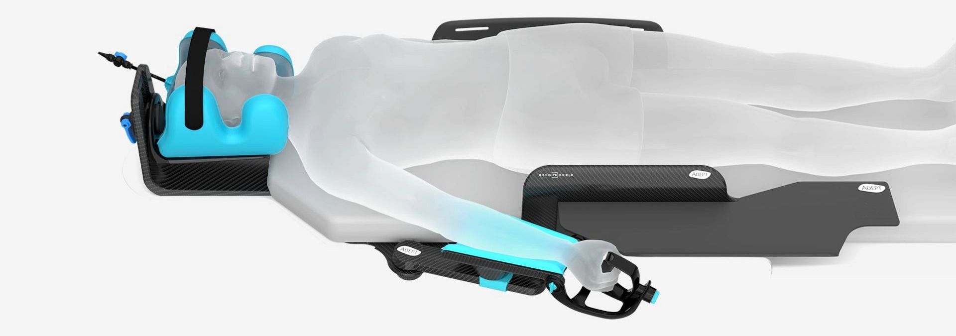 Transparent human model lying prone on a medical table with blue headrest and arm supports.